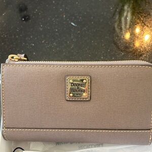 Dooney & Bourke Taupe Saffiano Zip Wallet with Gold Plaque